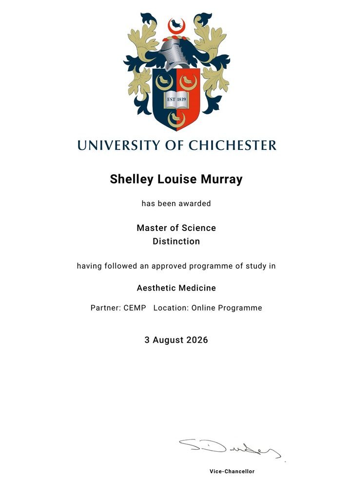 MSc Aesthetic Medicine (Distinction) certificate, University of Chichester, awarded to Shelley Louise Murray, August 2026